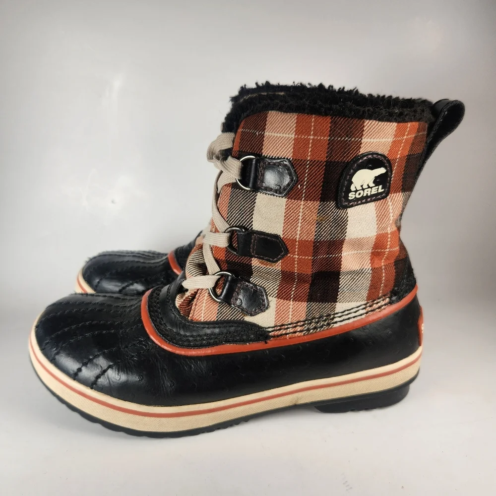 SOREL Tivoli Kids Boot Size 3 Plaid Red Black Leather Snow Outdoor Rubber Sole - Picture 11 of 12